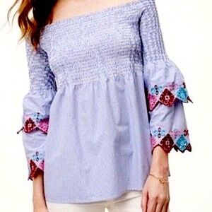 LOFT Light Blue Off-the-Shoulder Smocked Top with Embroidered Sleeves